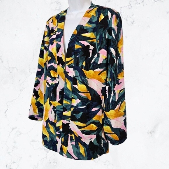 Apt. 9 Tropical Green, Yellow & Pink Abstract Print Open Front Kimono Blazer - Picture 4 of 7